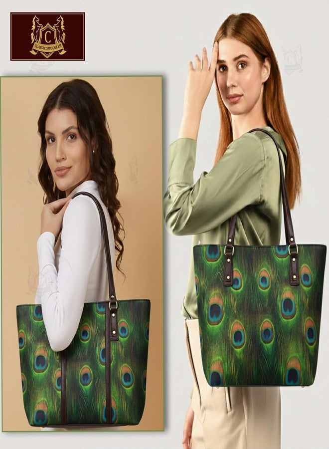 CLASSIC SMUGGLER Women’s Stylish Handbag with Peacock Print | Premium Fabric Shoulder Bag with Metal Chain | Large Capacity Tote Bag for Office, College, Shopping & Daily Use - Image 2